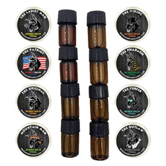 Badass Beard Care Trial Kit eight-pack showing beard balm and oil for travel use