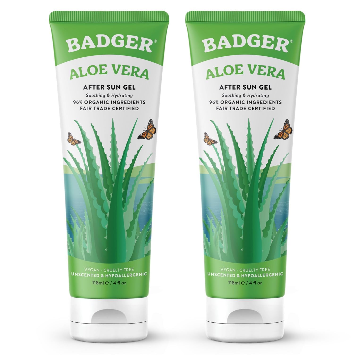 Badger Organic Aloe Vera Gel 2-pack front view showing unscented cooling relief