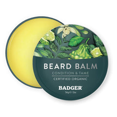 Badger beard balm tin close-up showing natural conditioning for facial hair