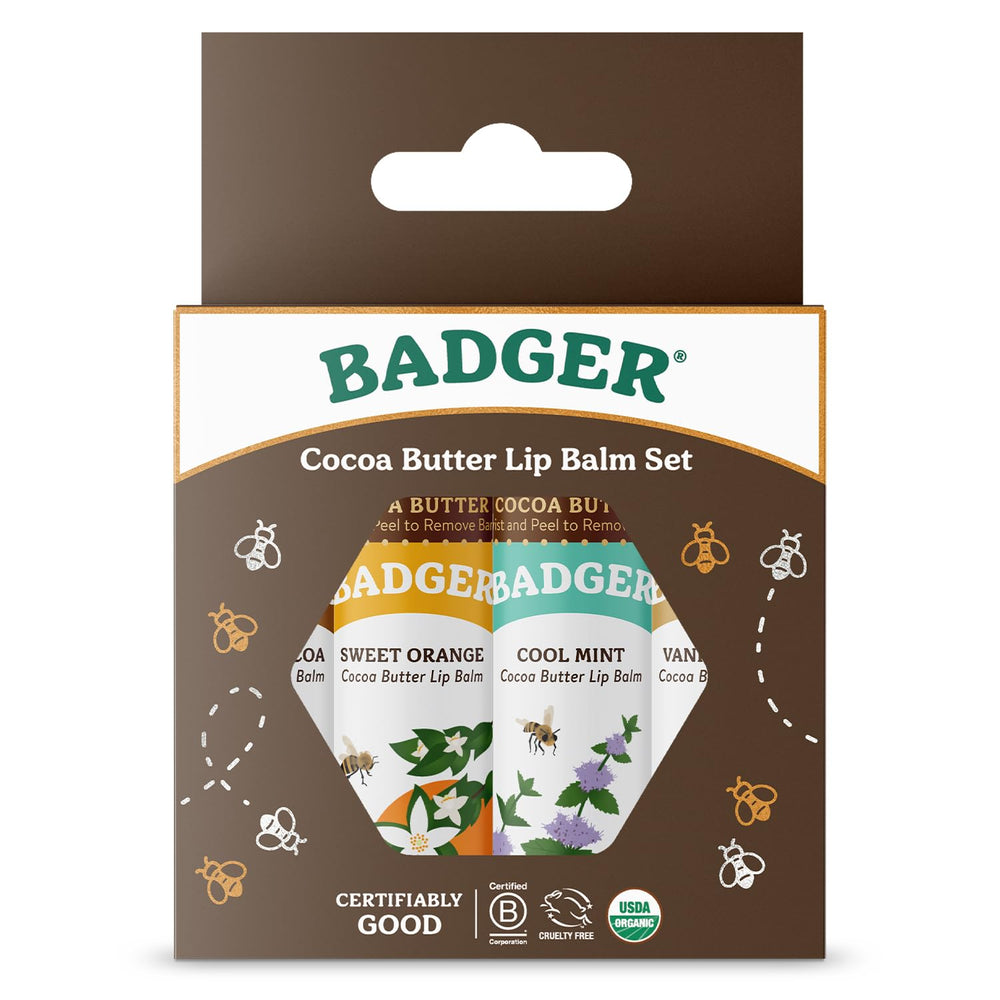 Badger Cocoa Butter Lip Balm Cocoa—rich moisture for soft lips.