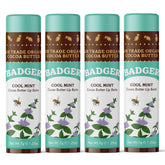 Badger Cool Mint Cocoa Butter Lip Balm 4-pack packaging shows eco-friendly jumbo sticks for daily hydration.
