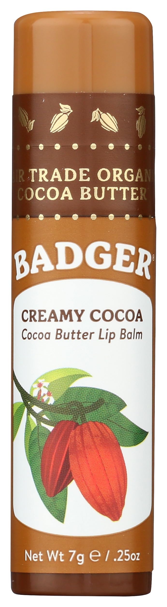 Badger creamy cocoa lip balm stick front view for dry lips.