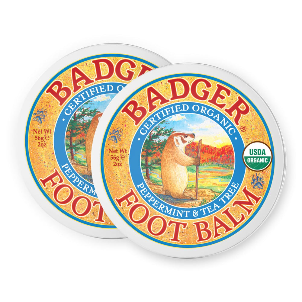 Badger Foot Balm tin front shows compact travel size for on the go foot care