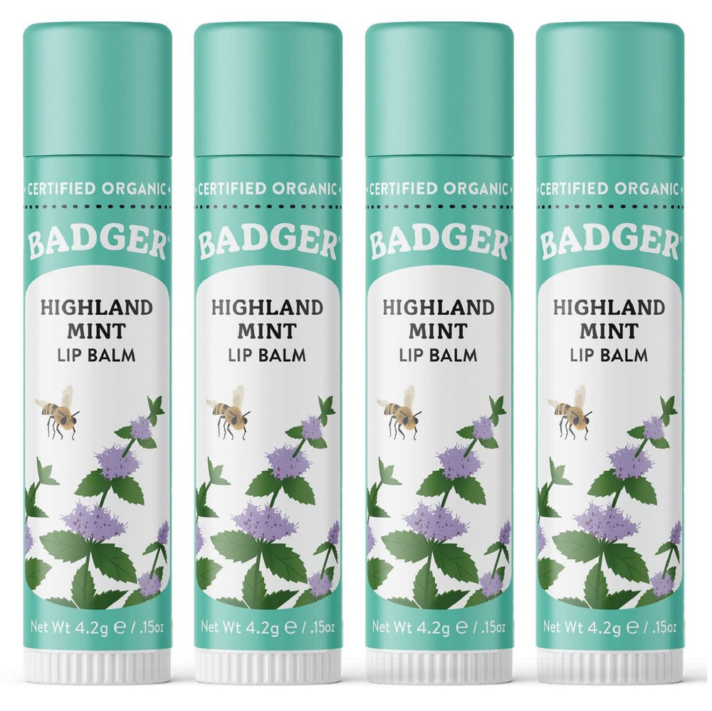Badger Highland Mint lip balm pack offers four tubes for long-lasting moisture.