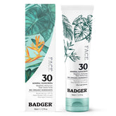 Badger mineral face sunscreen SPF 30 bottle close-up showing a non-greasy finish