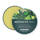 Badger Mustache Wax tin open shows medium hold and easy accessibility