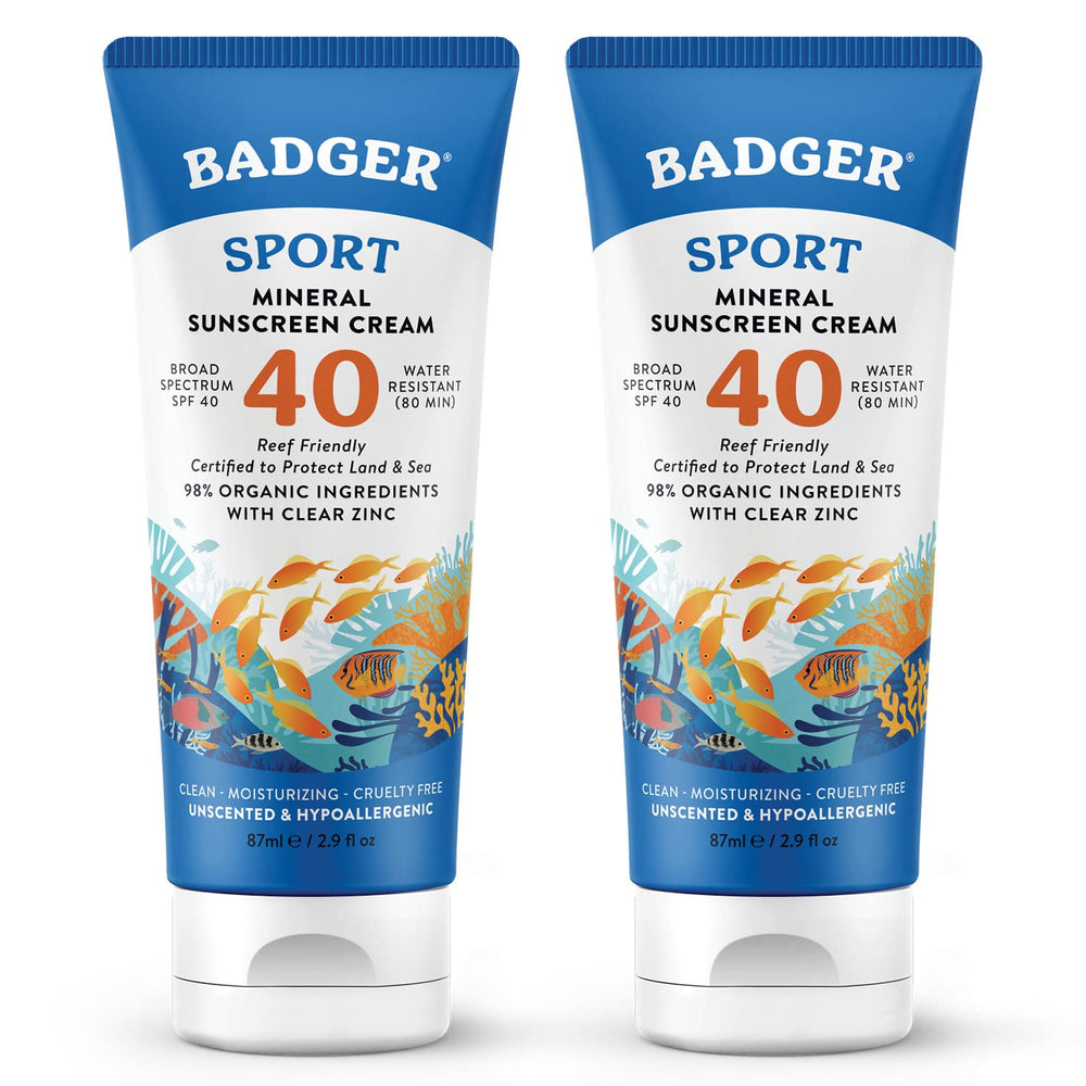 Badger Reef Safe Sport Mineral Sunscreen unscented tube 2-pack for everyday sun protection.