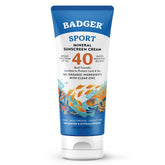 Badger reef-safe sunscreen tube front, mineral SPF 40 protection for sensitive skin.