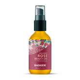 Badger Rose Face Oil bottle closeup shows nourishing organic ingredients
