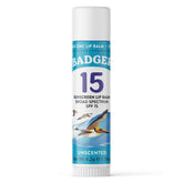 Badger Sunscreen Lip Balm SPF 15 compact stick provides on-the-go lip sun protection.