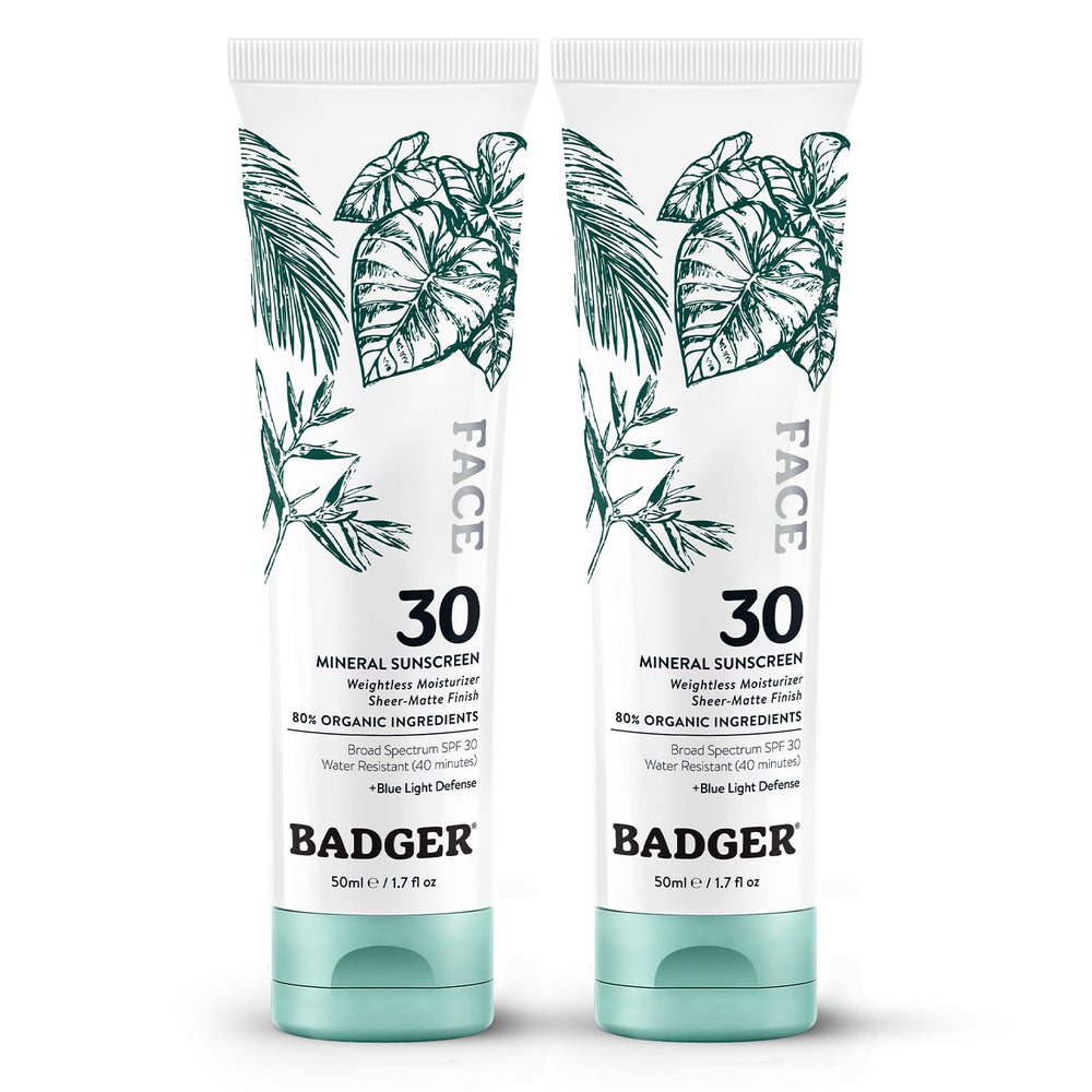 Badger zinc oxide face sunscreen SPF 30 bottle closeup for easy application.