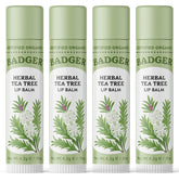 Badger Tea Tree Classic Lip Balm pack shot showing four tubes for soothing lip moisture