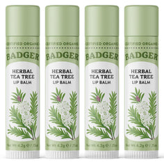 Badger Tea Tree Classic Lip Balm pack shot showing four tubes for soothing lip moisture