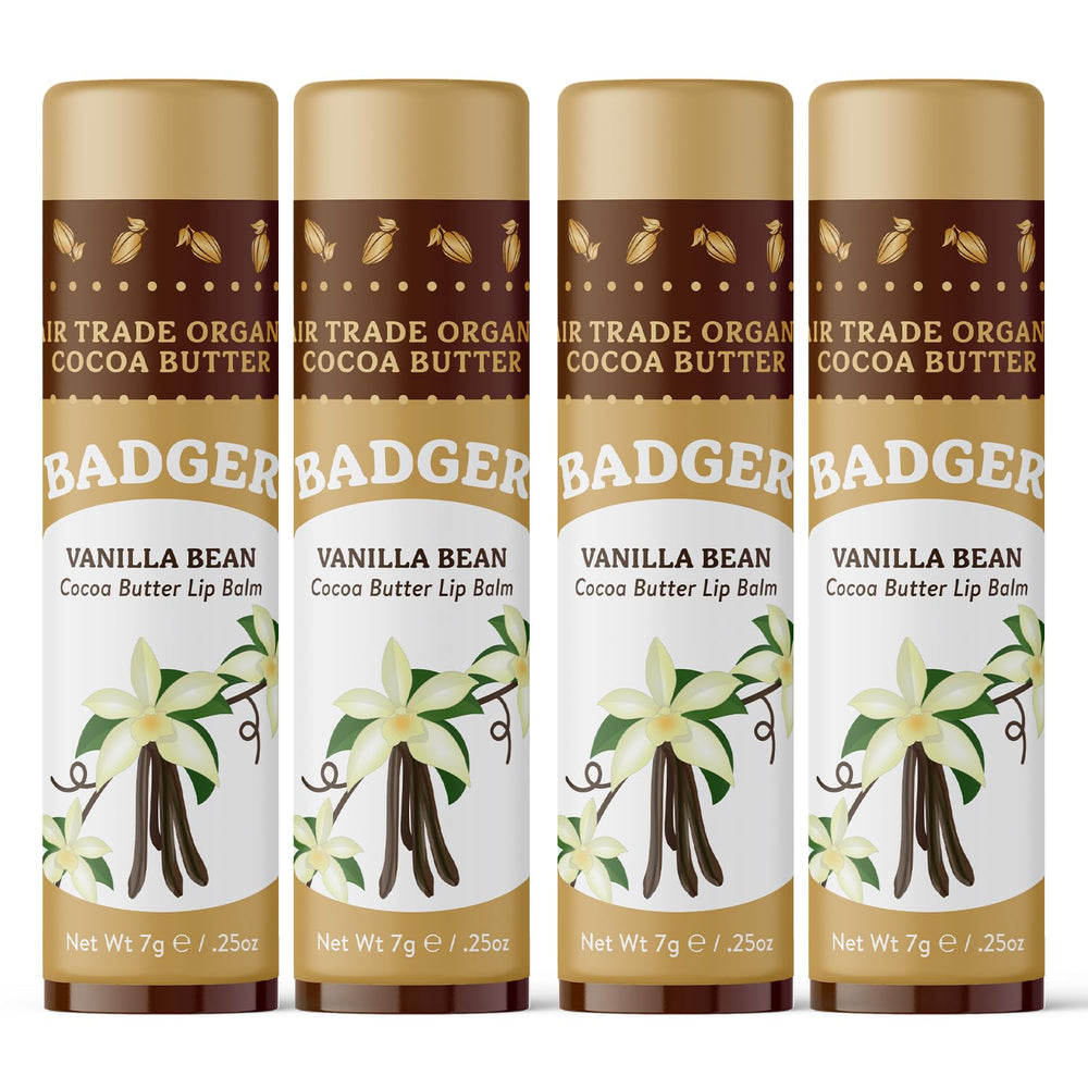 Badger Vanilla Bean Cocoa Butter Lip Balm 4-pack front view offering long-lasting moisture