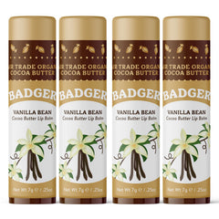 Badger Vanilla Bean Cocoa Butter Lip Balm 4-pack front view offering long-lasting moisture