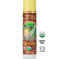 Badger Vanilla Lip Balm application glides on for everyday comfort.