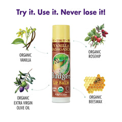 Badger Vanilla Lip Balm compact packaging supports on-the-go care.