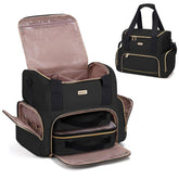 BAFAMYE large makeup travel bag top compartment with dividers for customizable storage.