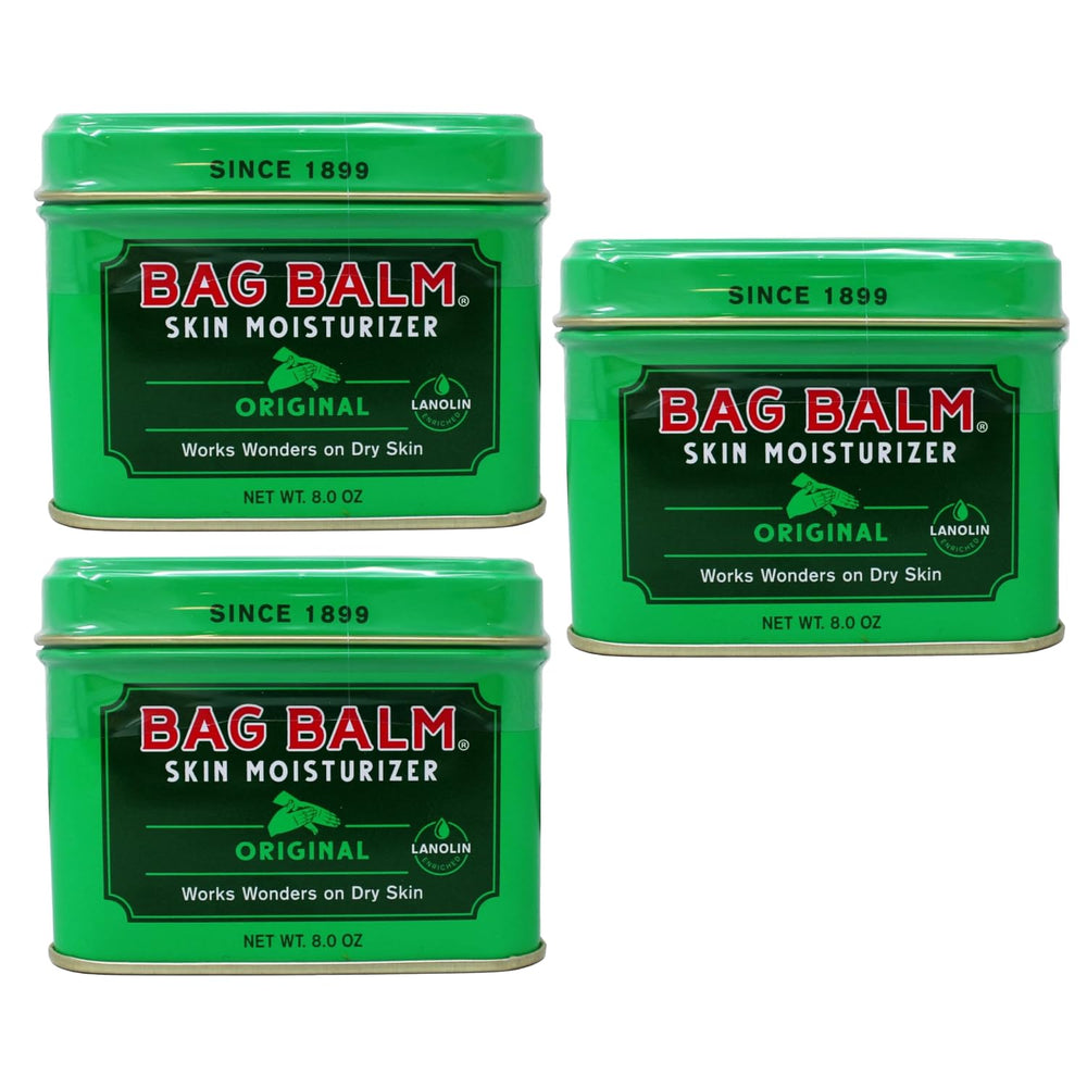 Bag Balm Original 8oz tin front shows sturdy packaging for dry skin care and extended relief.