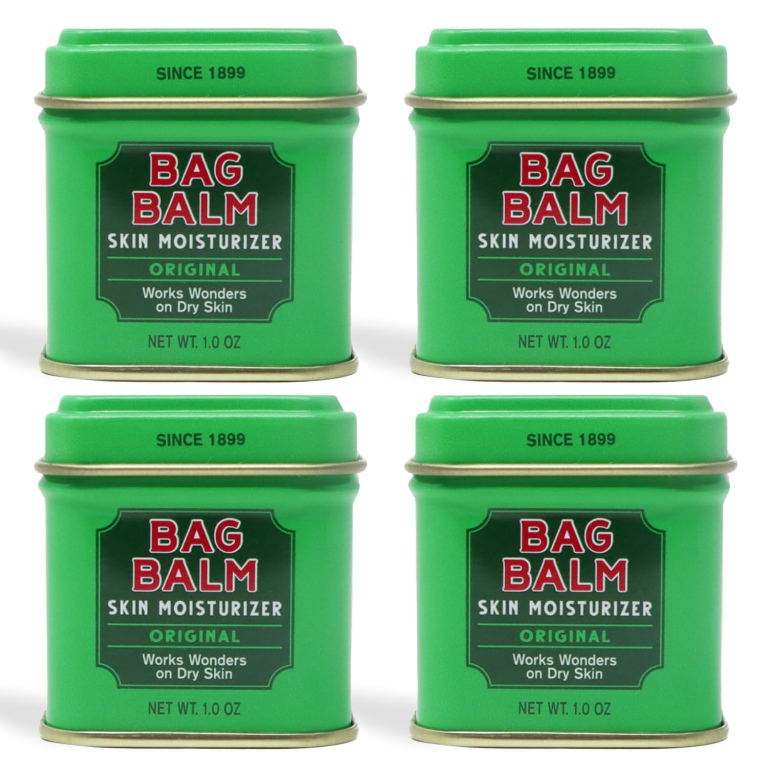 Bag Balm Original Ointment tin 4-pack front view for on-the-go skin care