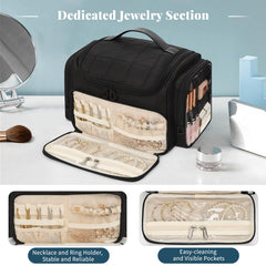 Bagmoly XL makeup bag brush compartment fits multiple brushes and keeps powder dust away.