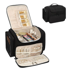 Bagmoly XL makeup bag front view with organized jewelry and cosmetics on the go for traveling efficiently.