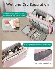 BAGSMART center-compartment stores larger cosmetics with five pockets.