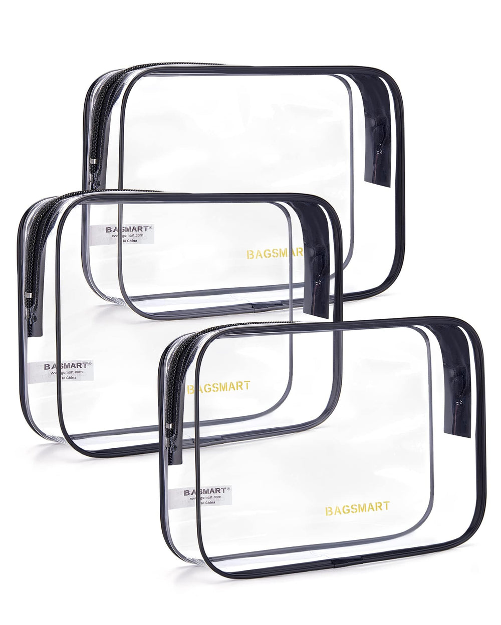 BAGSMART Clear Toiletry Bag three-pack display showing TSA-ready organization