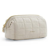 BAGSMART makeup bag wide open in beige shows easy access to cosmetics on the go.