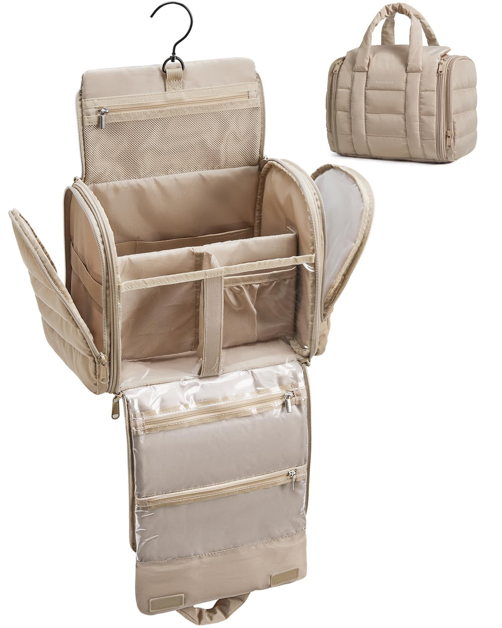 BAGSMART Puffy Travel Makeup Bag camel fabric closeup shows durable travel-ready design.