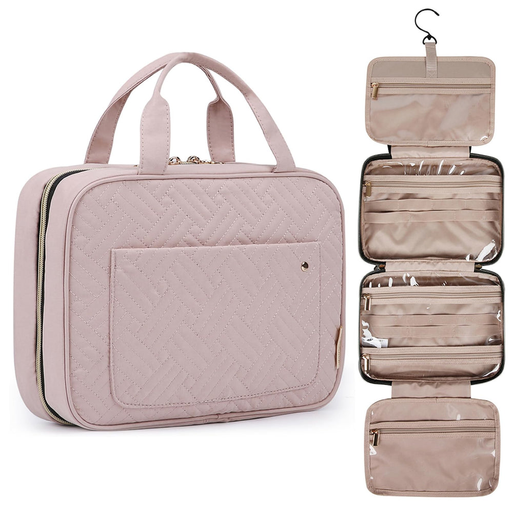 BAGSMART baby pink toiletry bag with hanging hook enables easy bathroom setup.