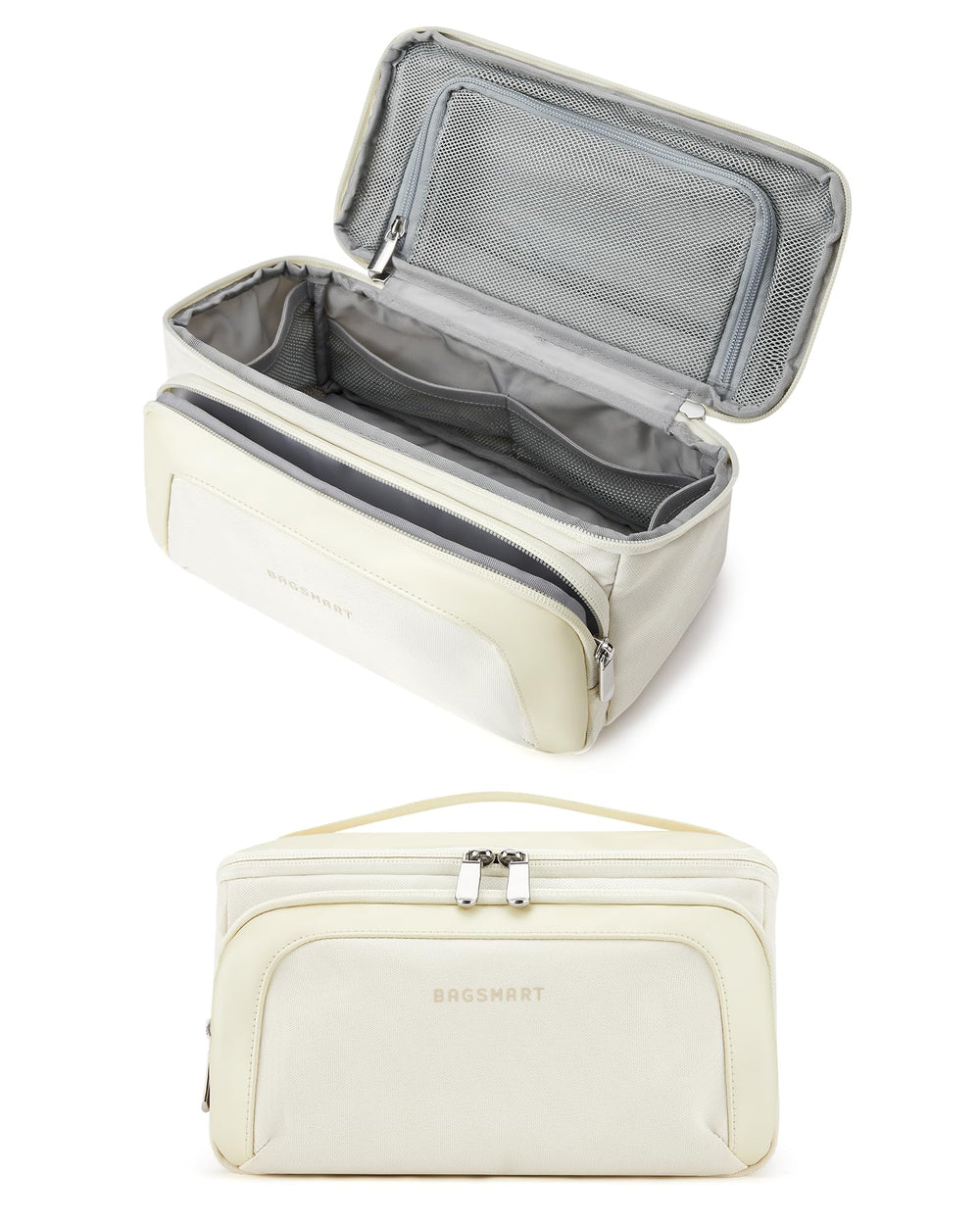 Bagsmart toiletry bag beige with leather trims offers elegant travel organization.