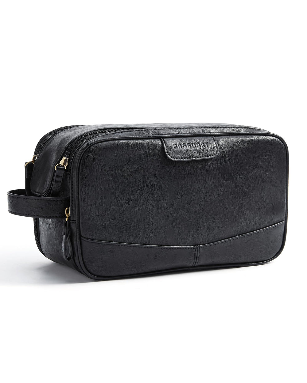 BAGSMART Toiletry bag black front view with polished PU leather for travel style.