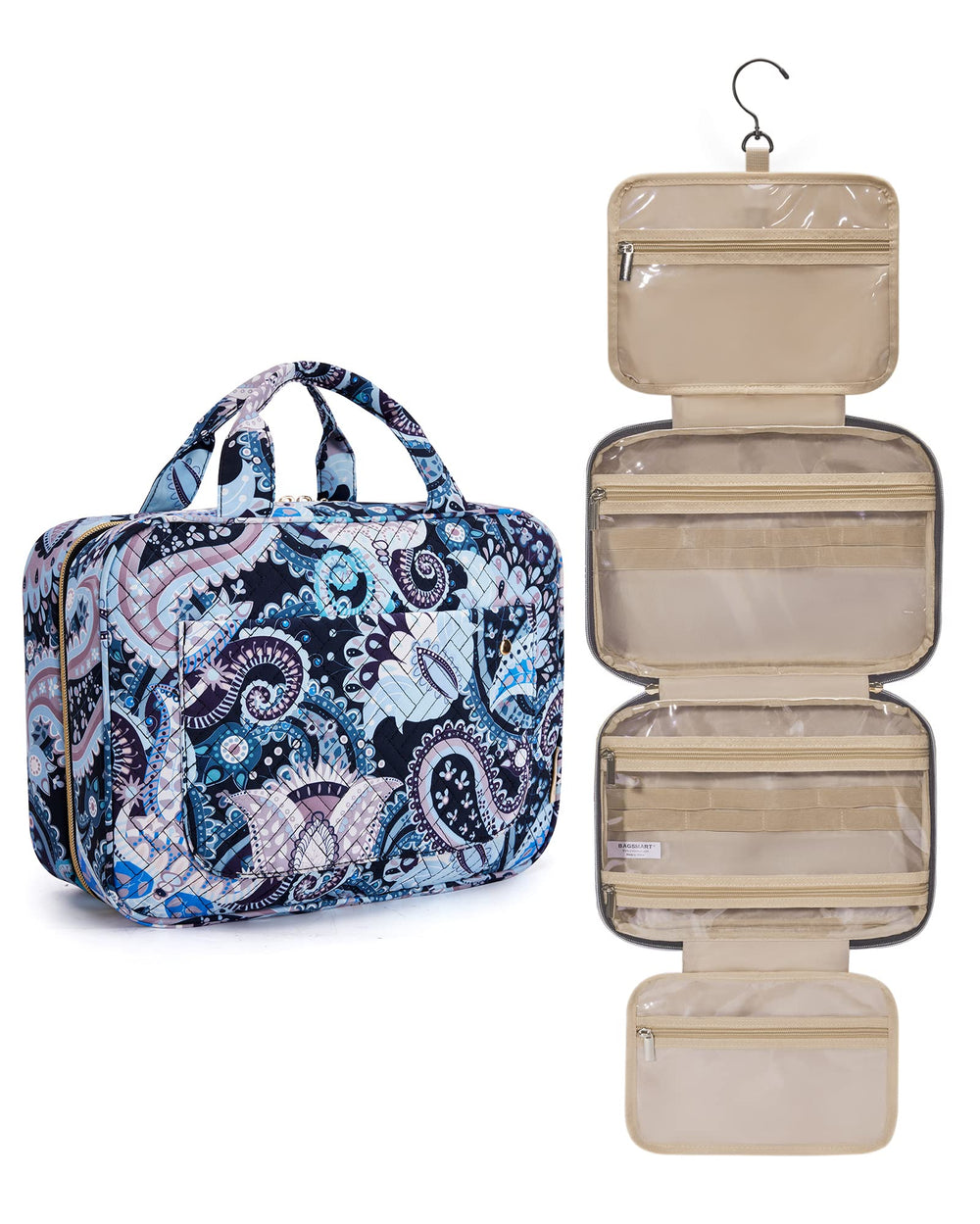 BAGSMART Toiletry Bag Blue Paisley exterior shows stylish travel storage and compact packing