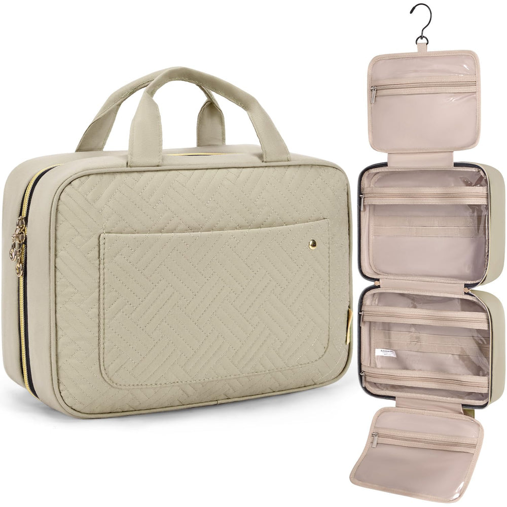 BAGSMART Toiletry Bag Camel Medium closed view shows upright bottle pockets for organization