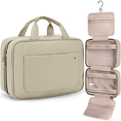 BAGSMART Toiletry Bag Camel Medium closed view shows upright bottle pockets for organization