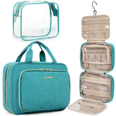 BAGSMART toiletry bag hanging organizer blue rolled compactly for travel.