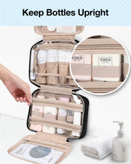 BAGSMART Toiletry Bag main compartments hold bottles upright.