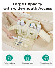 BAGSMART Travel Toiletry Bag beige full-open demonstrates wide compartments for cosmetics