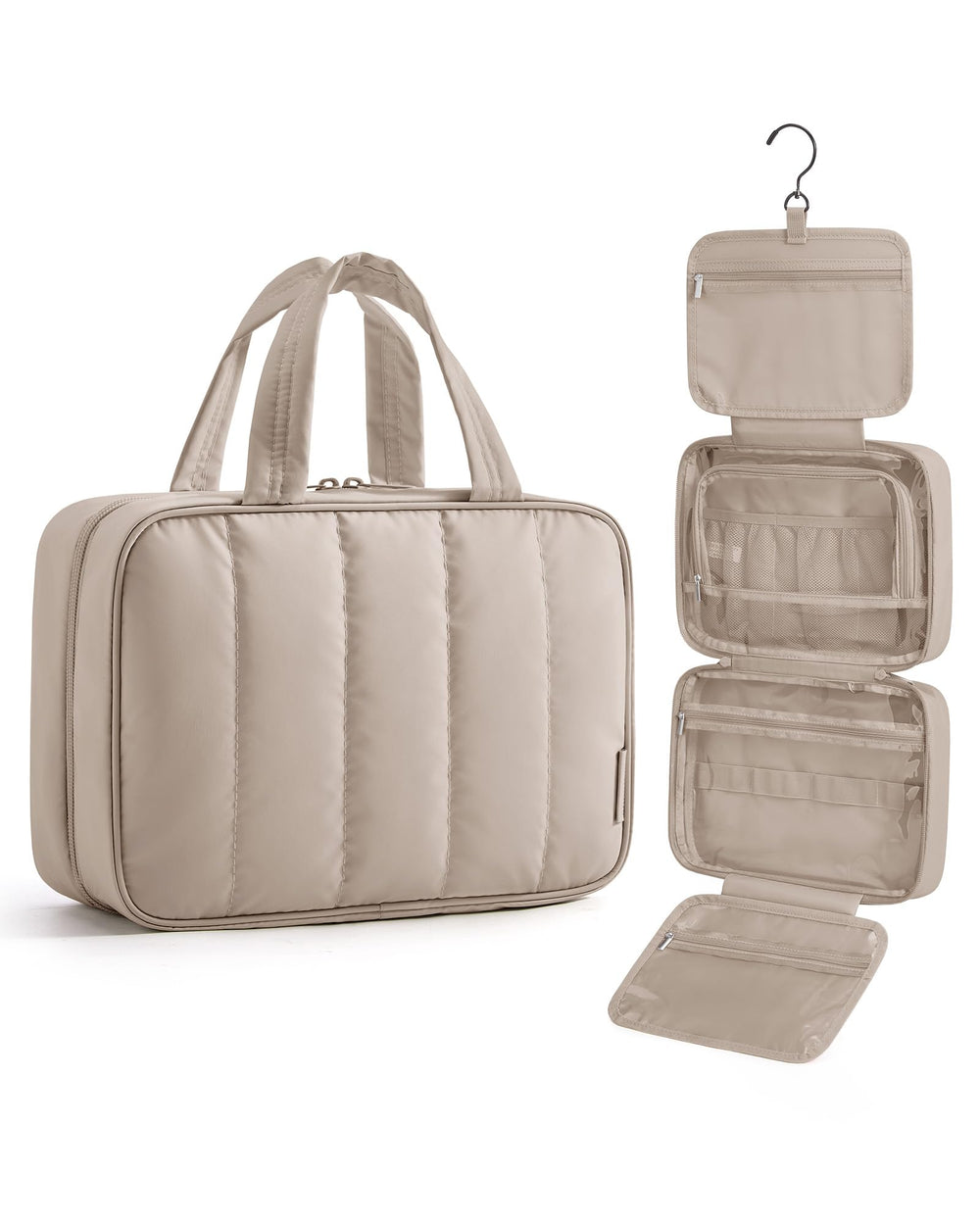 BAGSMART travel toiletry bag camel close-up shows organized compartments.
