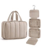 BAGSMART travel toiletry bag camel close-up shows organized compartments.