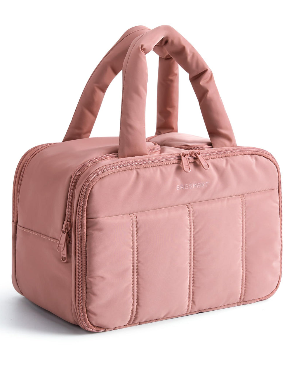 BAGSMART travel toiletry bag dark pink exterior with puffy texture for stylish organization