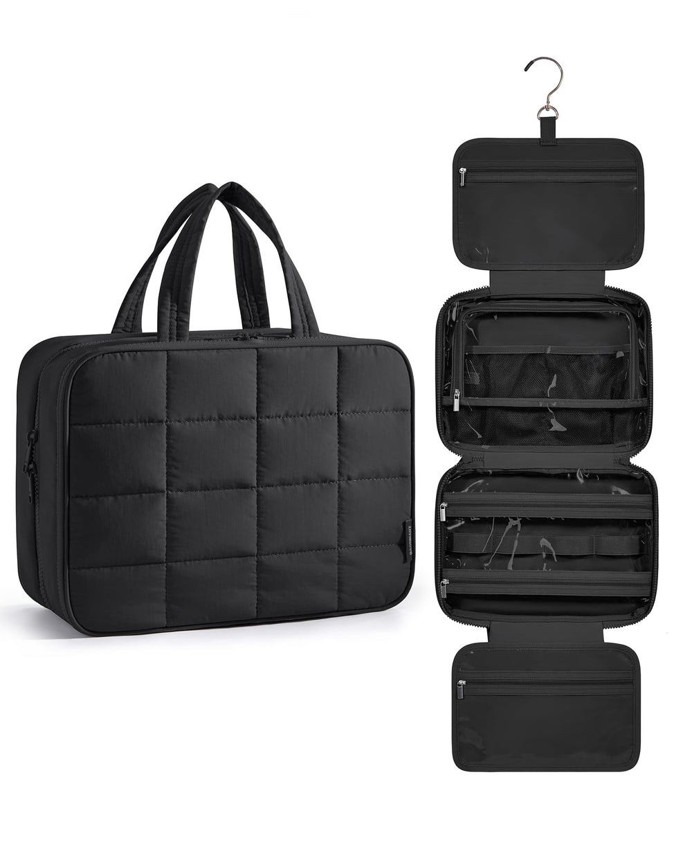 BAGSMART travel toiletries bag with jewelry organizer, neatly organized for trips.