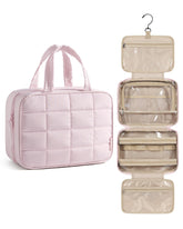 BAGSMART travel toiletry bag pink hanging shows puff fabric for easy packing.