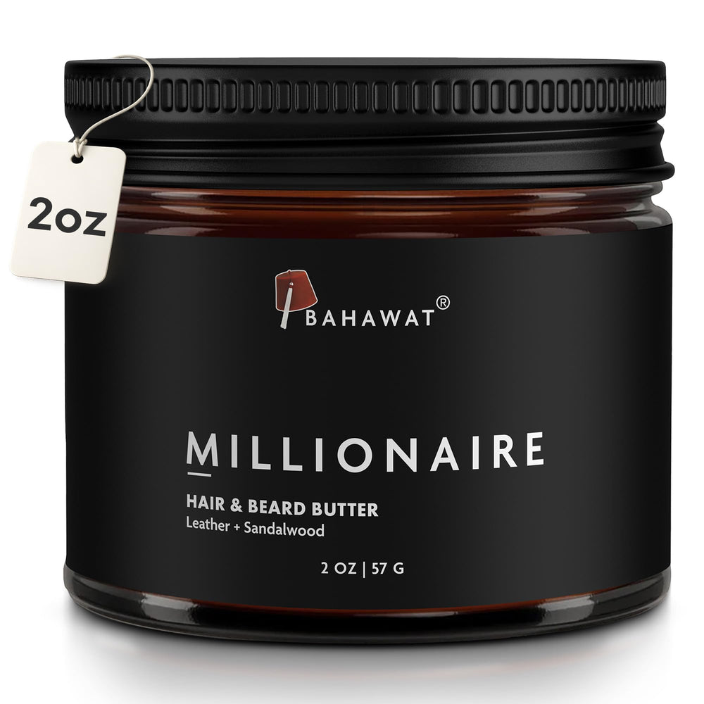 BAHAWAT leather sandalwood butter bottle shows premium beard conditioning.