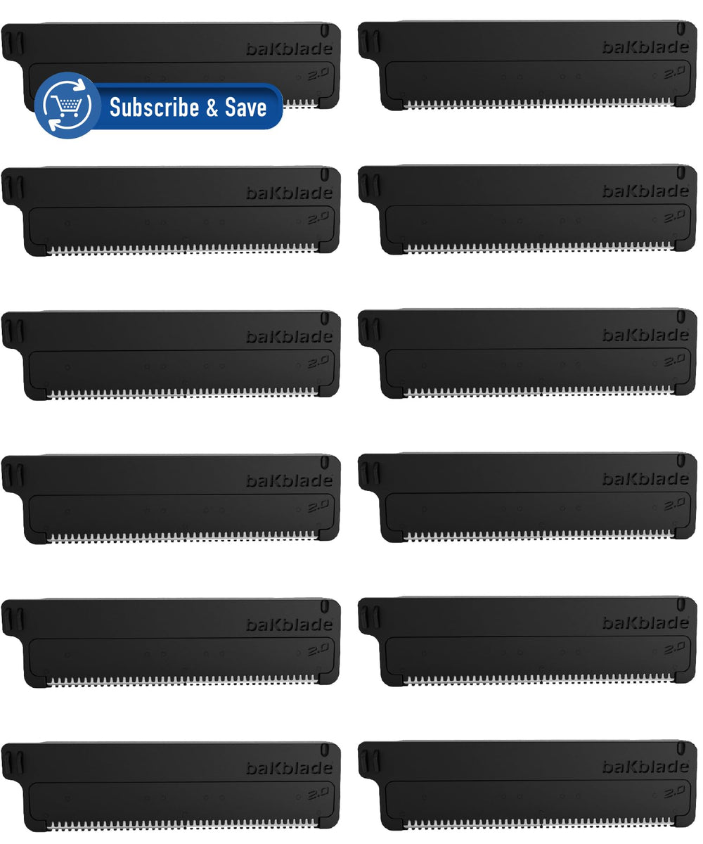 baKblade 2.0 back shaver refill cartridges set with 12 Dryglide blades for a smooth shave.