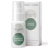 Balance Me Congested Skin Serum bottle shows targeted acne relief in a lightweight formula.