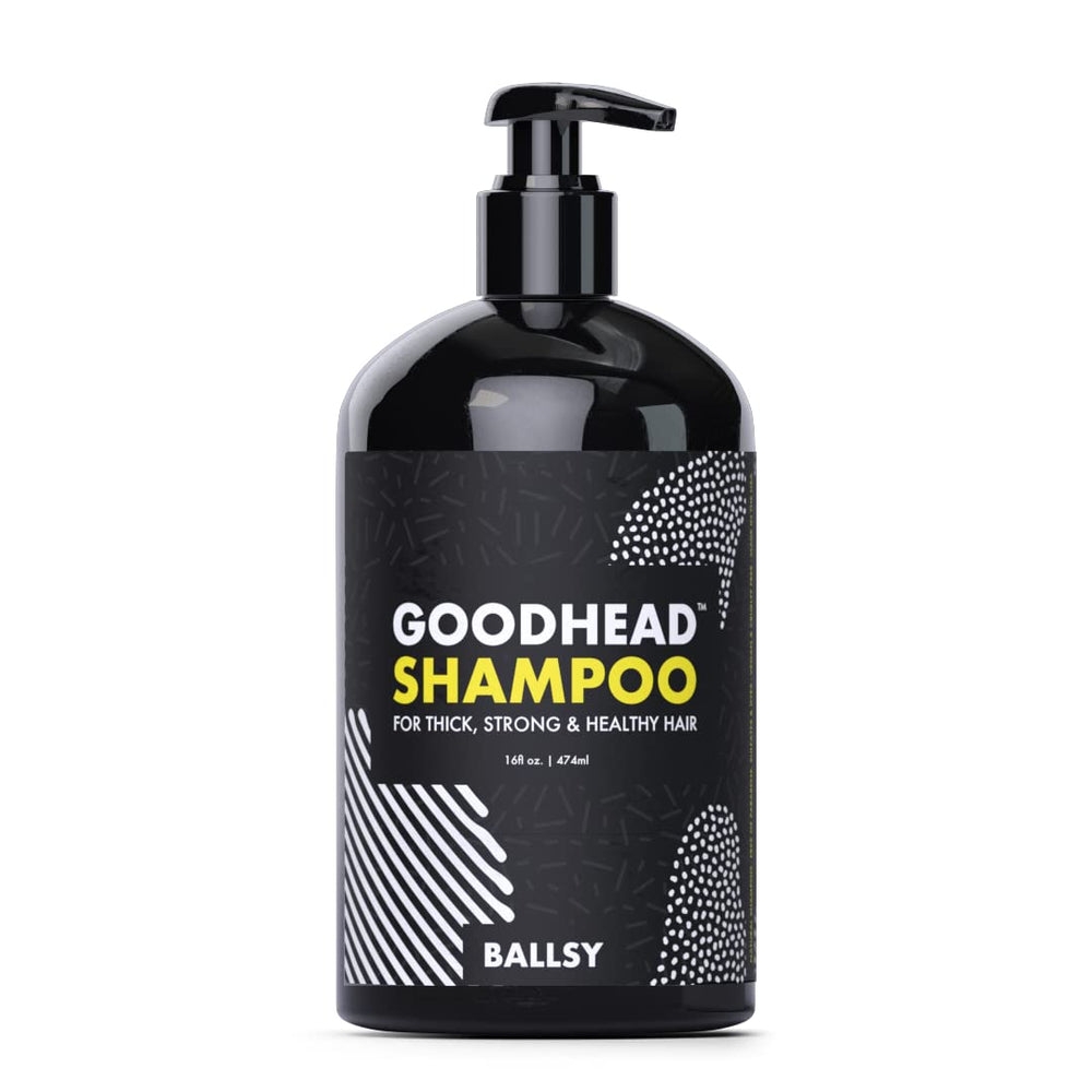 Ballsy Goodhead Shampoo bottle with tea tree oil promoting a refreshing scalp cleanse.