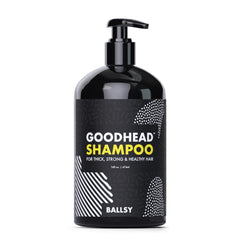 Ballsy Goodhead Shampoo bottle with tea tree oil promoting a refreshing scalp cleanse.