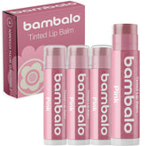 Bambalo tinted lip balm pink 4-pack packaging highlighting natural hydration for everyday wear.